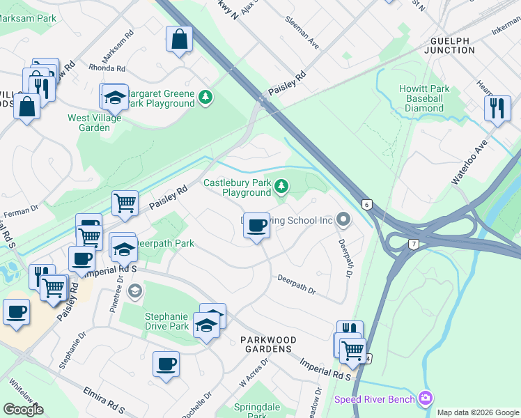 map of restaurants, bars, coffee shops, grocery stores, and more near 12 Castlebury Drive in Guelph