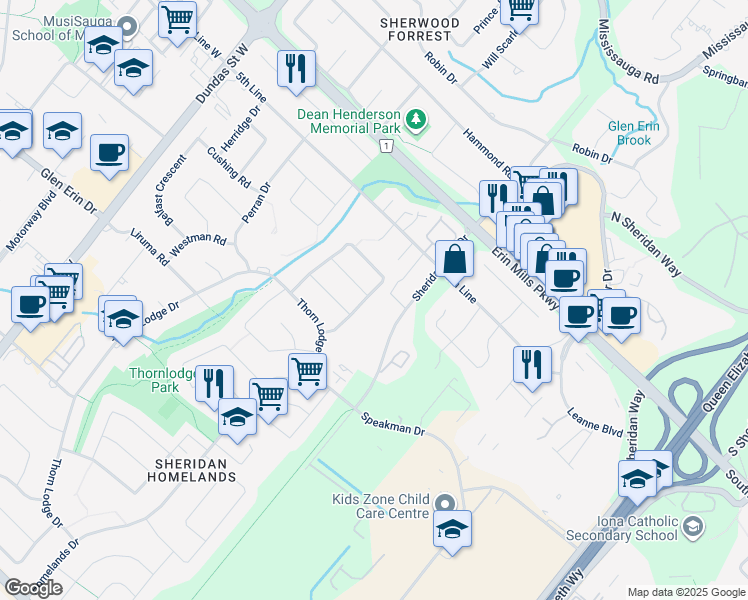 map of restaurants, bars, coffee shops, grocery stores, and more near 2068 Waycross Crescent in Mississauga