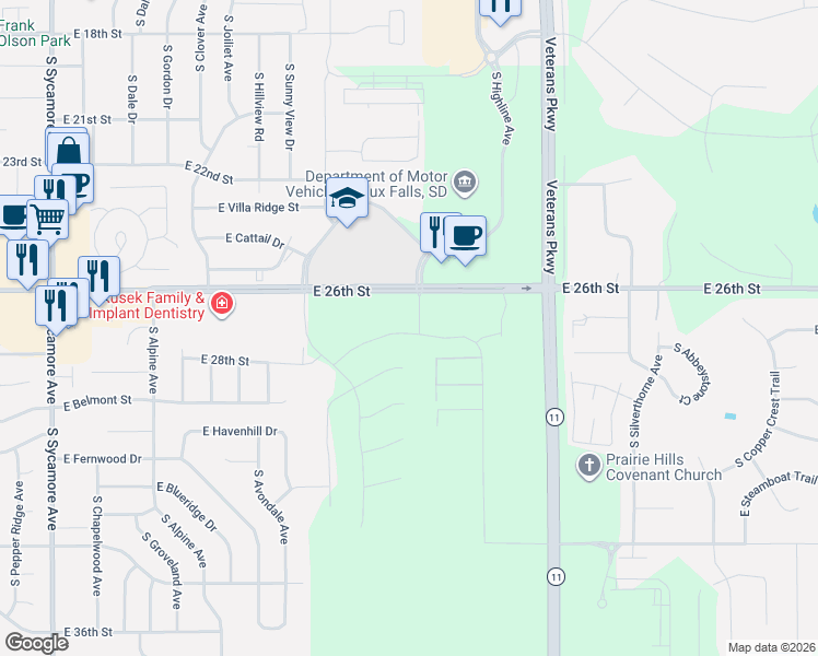 map of restaurants, bars, coffee shops, grocery stores, and more near 5643 County Road 146 in Sioux Falls