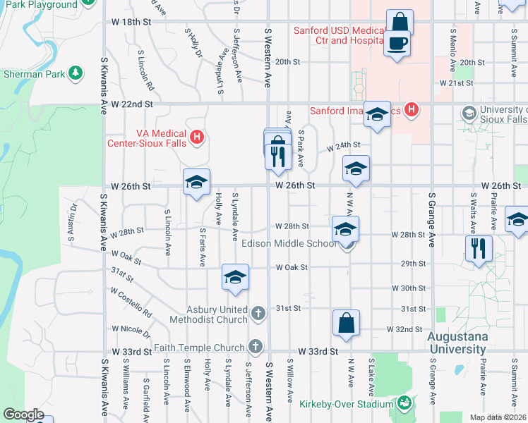 map of restaurants, bars, coffee shops, grocery stores, and more near 1901 South Western Avenue in Sioux Falls