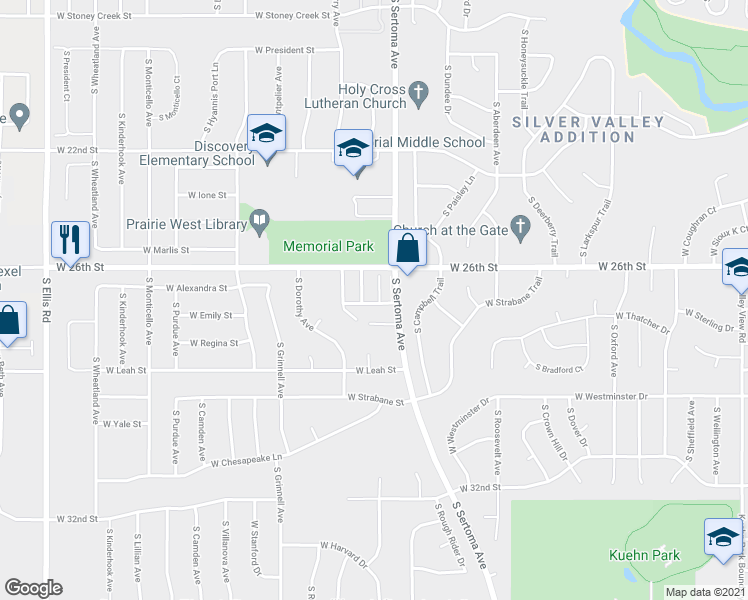 map of restaurants, bars, coffee shops, grocery stores, and more near 1831 South Sertoma Avenue in Sioux Falls
