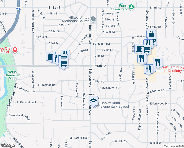 map of restaurants, bars, coffee shops, grocery stores, and more near 1900 South Bahnson Avenue in Sioux Falls