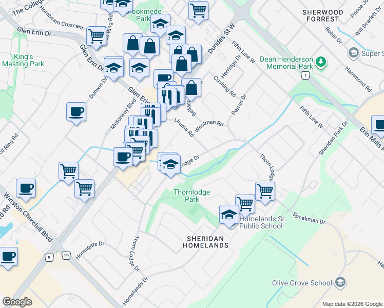 map of restaurants, bars, coffee shops, grocery stores, and more near 2411 Thorn Lodge Drive in Mississauga