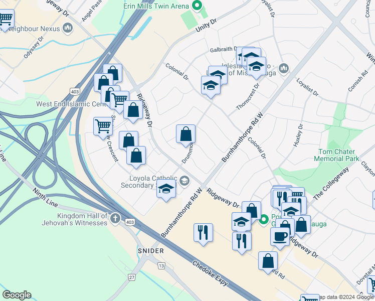 map of restaurants, bars, coffee shops, grocery stores, and more near 3443 Drummond Road in Mississauga