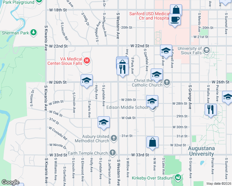 map of restaurants, bars, coffee shops, grocery stores, and more near 1901 South Western Avenue in Sioux Falls