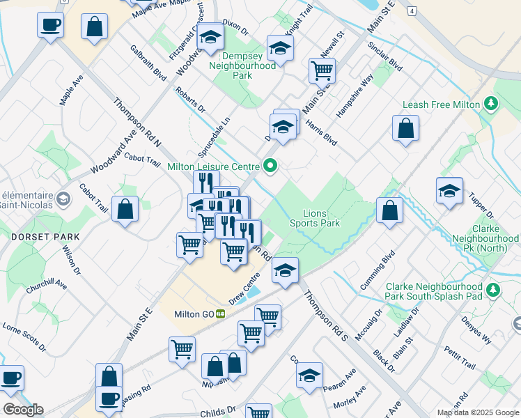 map of restaurants, bars, coffee shops, grocery stores, and more near 1050 Main Street East in Milton