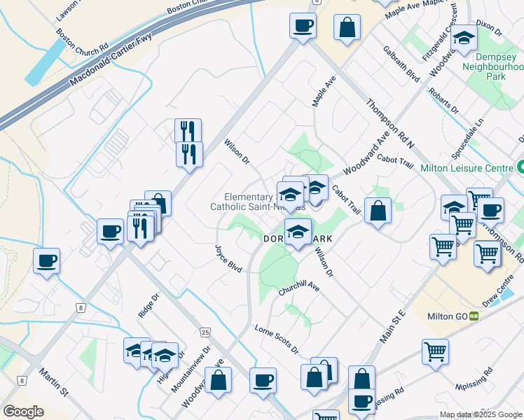 map of restaurants, bars, coffee shops, grocery stores, and more near 258 Wilson Drive in Milton