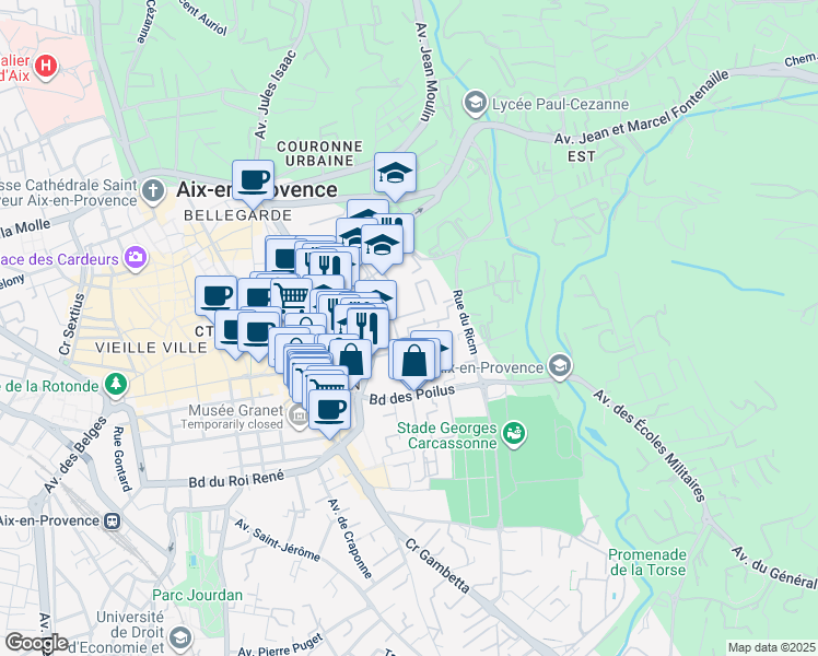 map of restaurants, bars, coffee shops, grocery stores, and more near Impasse du Gallet Cantant in Aix-en-Provence