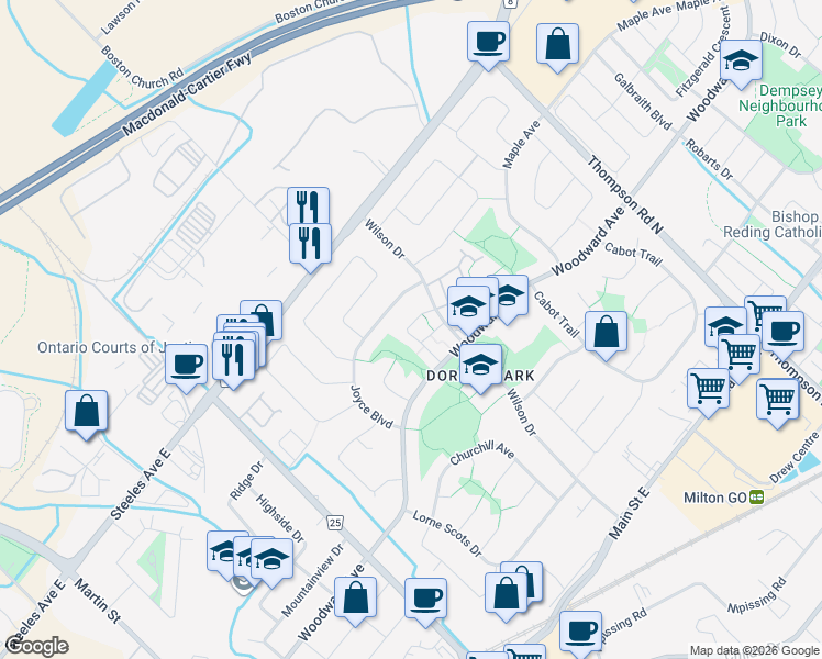 map of restaurants, bars, coffee shops, grocery stores, and more near in Milton