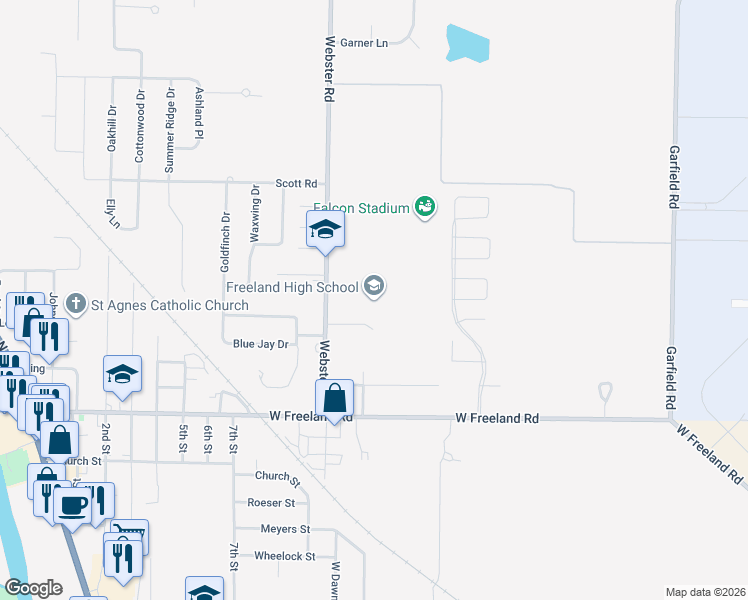 map of restaurants, bars, coffee shops, grocery stores, and more near 8250 Webster Road in Freeland