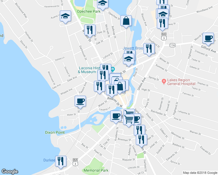 map of restaurants, bars, coffee shops, grocery stores, and more near 23 Pleasant Street in Laconia