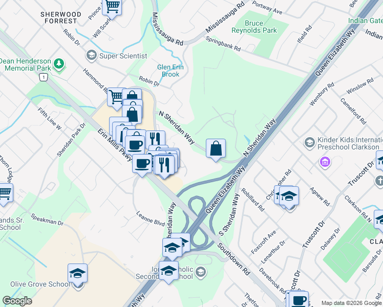 map of restaurants, bars, coffee shops, grocery stores, and more near 2121 Roche Court in Mississauga