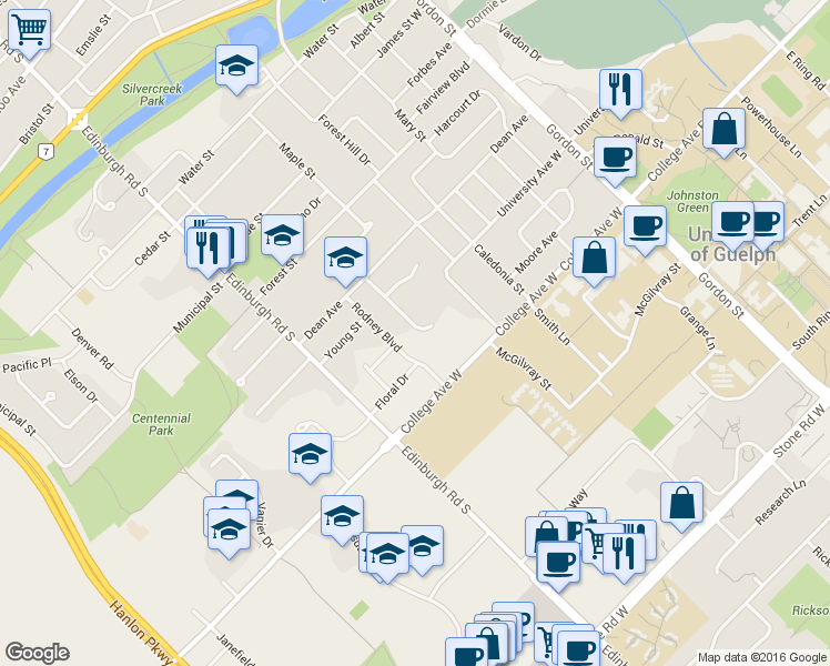 map of restaurants, bars, coffee shops, grocery stores, and more near 69 Woodside Road in Guelph