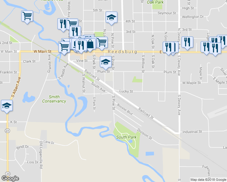 map of restaurants, bars, coffee shops, grocery stores, and more near Railroad St in Reedsburg