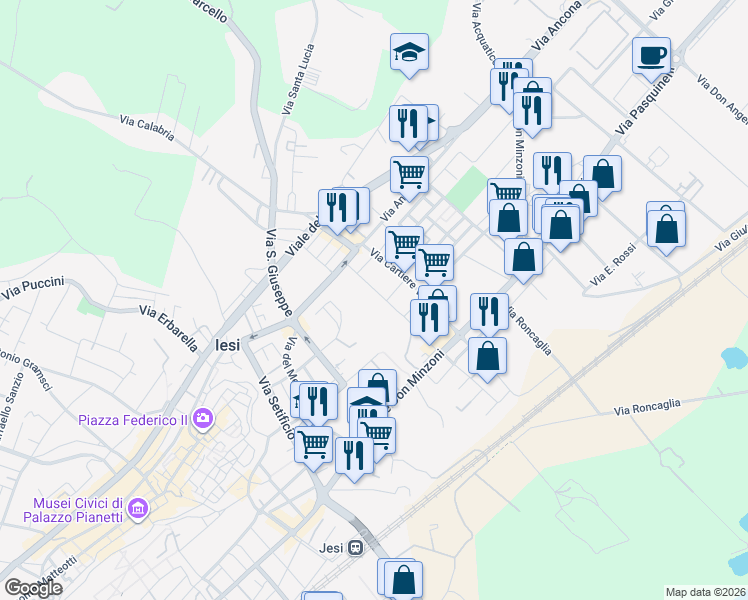 map of restaurants, bars, coffee shops, grocery stores, and more near 21 Via Campania in Jesi