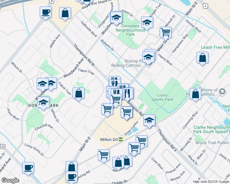 map of restaurants, bars, coffee shops, grocery stores, and more near 18 Thompson Road North in Milton