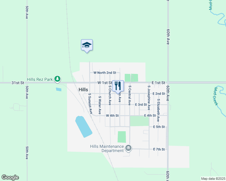 map of restaurants, bars, coffee shops, grocery stores, and more near 129 South Church Avenue in Hills