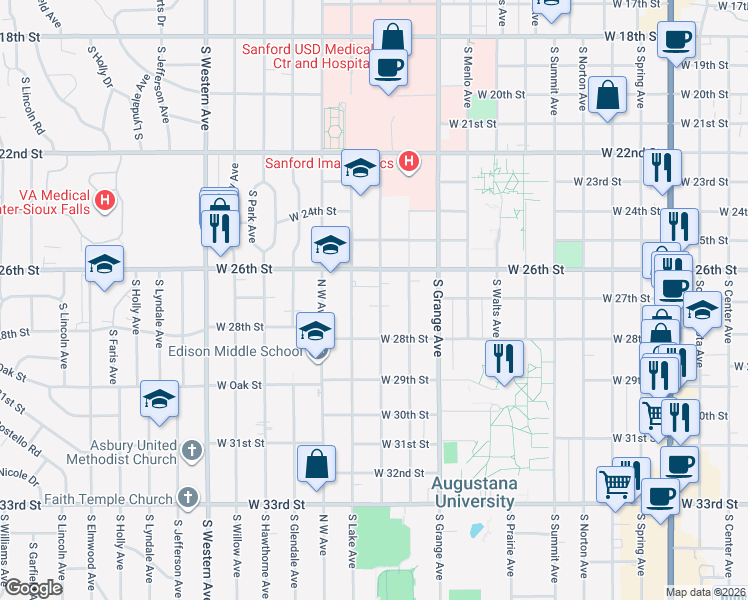 map of restaurants, bars, coffee shops, grocery stores, and more near 1901 South Covell Avenue in Sioux Falls
