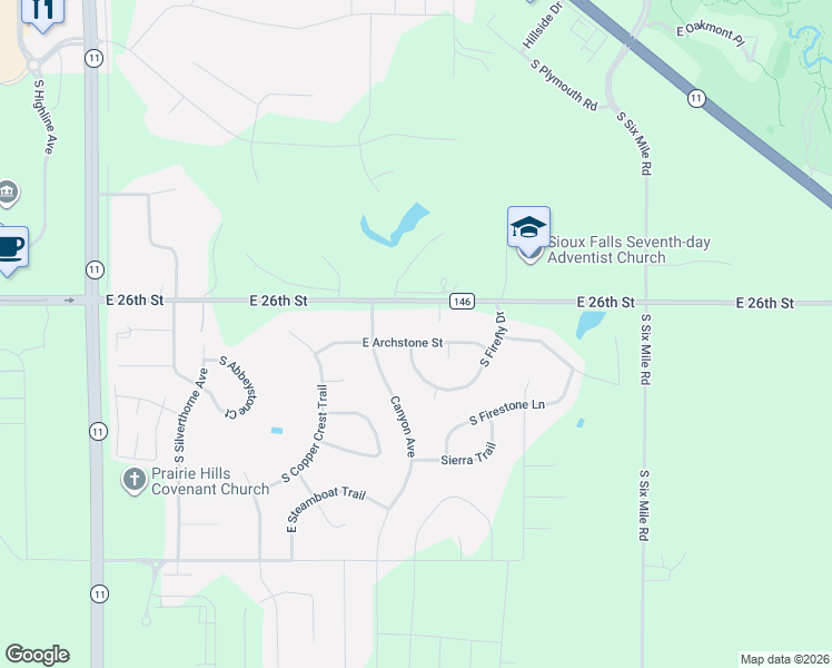 map of restaurants, bars, coffee shops, grocery stores, and more near East Archstone Street in Sioux Falls