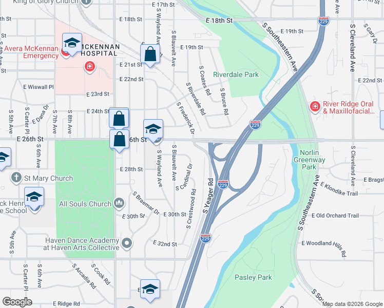 map of restaurants, bars, coffee shops, grocery stores, and more near 1916 South Cardinal Drive in Sioux Falls