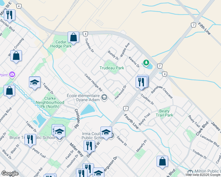 map of restaurants, bars, coffee shops, grocery stores, and more near 1518 Archer Way in Milton
