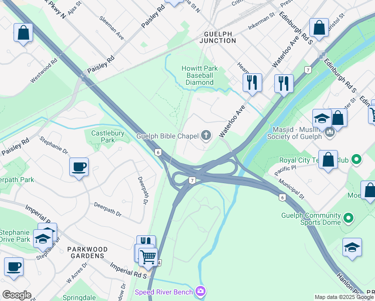 map of restaurants, bars, coffee shops, grocery stores, and more near 191 Silvercreek Parkway South in Guelph