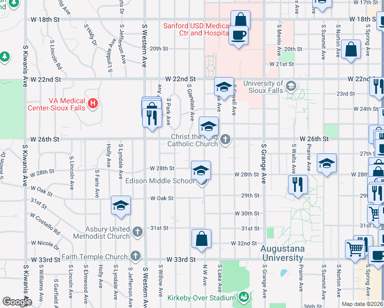 map of restaurants, bars, coffee shops, grocery stores, and more near 1897 South Glendale Avenue in Sioux Falls