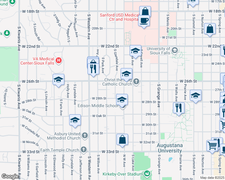 map of restaurants, bars, coffee shops, grocery stores, and more near 1897 South Glendale Avenue in Sioux Falls