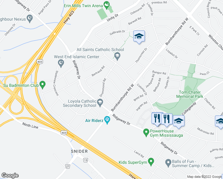 map of restaurants, bars, coffee shops, grocery stores, and more near 3912 Rushton Crescent in Mississauga