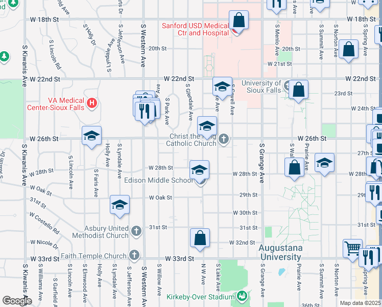 map of restaurants, bars, coffee shops, grocery stores, and more near 1897 South Glendale Avenue in Sioux Falls
