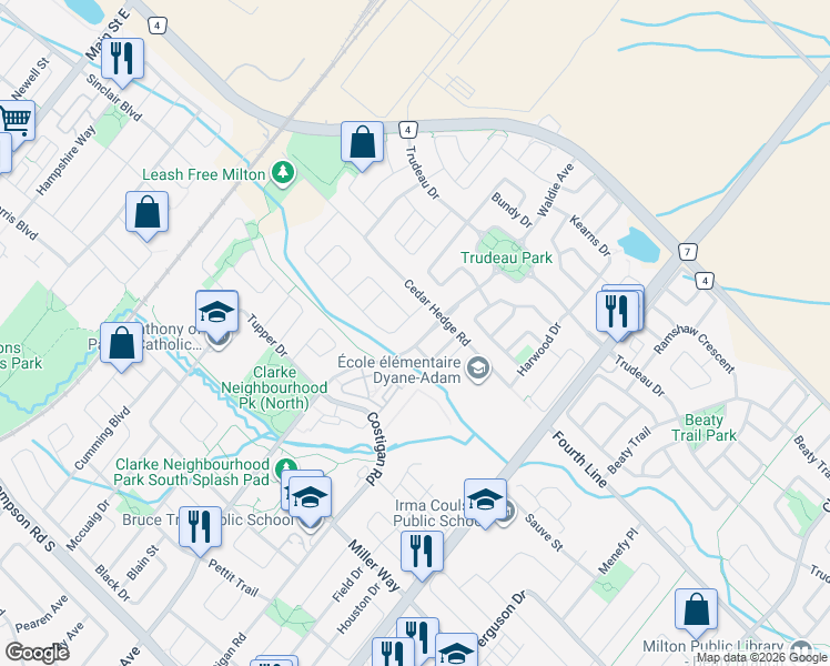 map of restaurants, bars, coffee shops, grocery stores, and more near 1457 Laurier Avenue in Milton