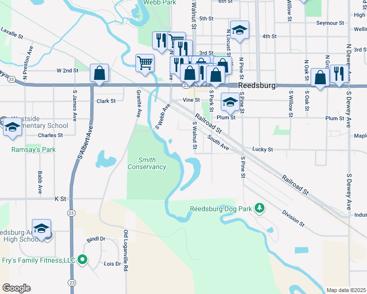 map of restaurants, bars, coffee shops, grocery stores, and more near 444 South Walnut Street in Reedsburg