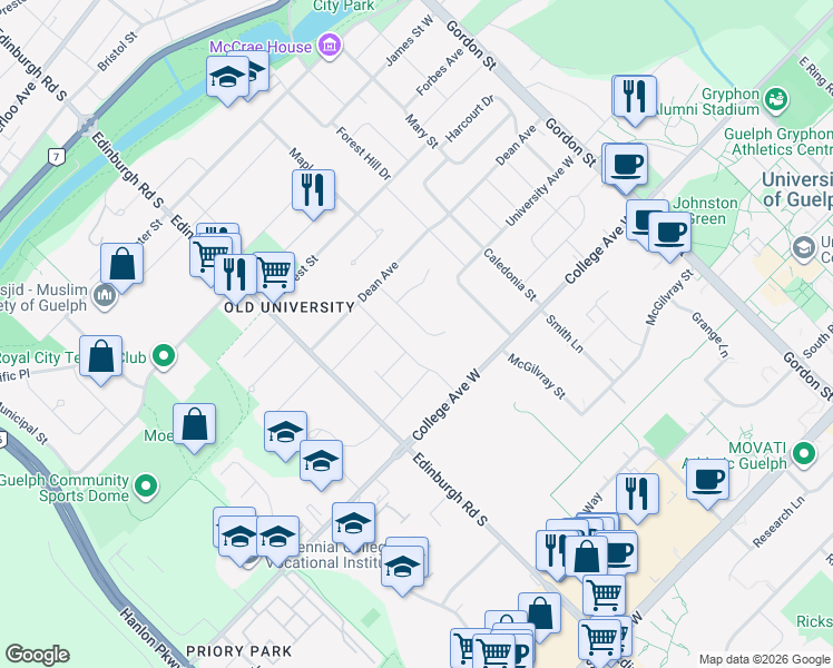 map of restaurants, bars, coffee shops, grocery stores, and more near 69 Woodside Road in Guelph