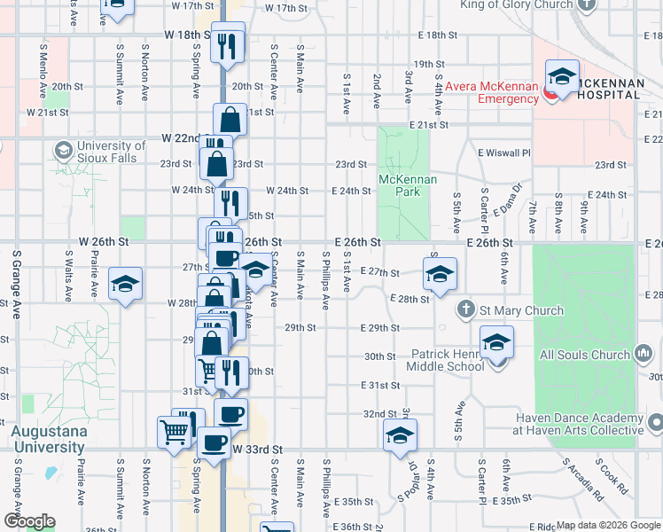 map of restaurants, bars, coffee shops, grocery stores, and more near 1820 South Phillips Avenue in Sioux Falls