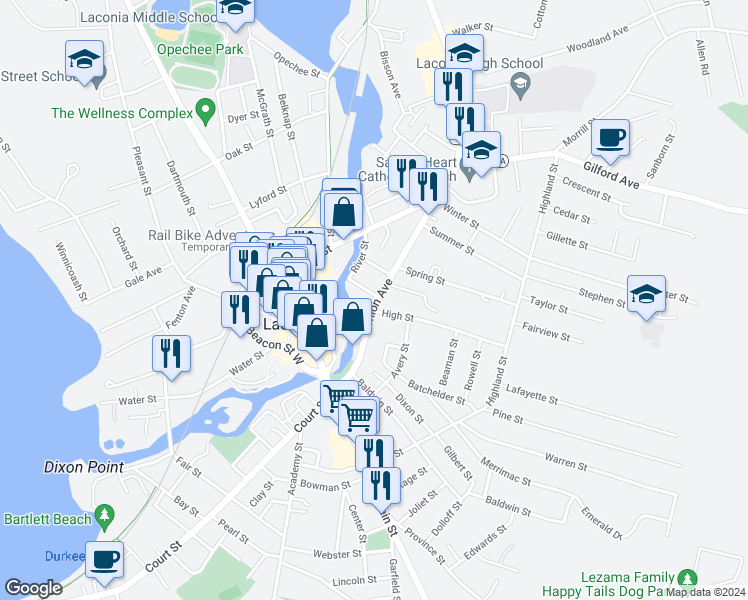 map of restaurants, bars, coffee shops, grocery stores, and more near 10 High Point in Laconia