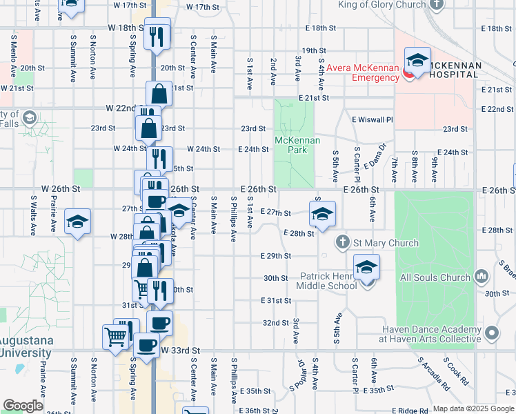 map of restaurants, bars, coffee shops, grocery stores, and more near 1816 South 1st Avenue in Sioux Falls