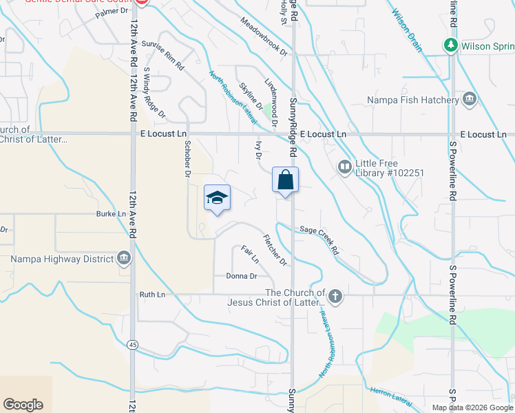 map of restaurants, bars, coffee shops, grocery stores, and more near 539 East Rocklan Court in Nampa