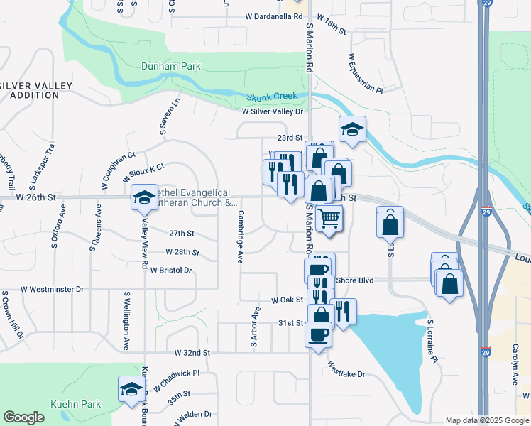 map of restaurants, bars, coffee shops, grocery stores, and more near 5 South Berkshire Boulevard in Sioux Falls