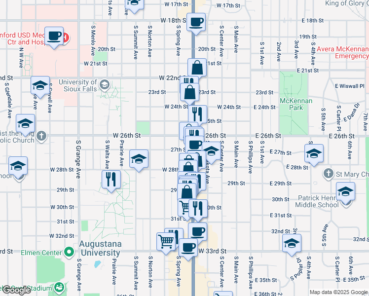 map of restaurants, bars, coffee shops, grocery stores, and more near 508 West 27th Street in Sioux Falls