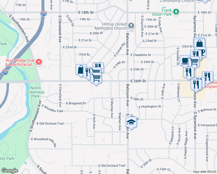 map of restaurants, bars, coffee shops, grocery stores, and more near 1821 South Marday Avenue in Sioux Falls