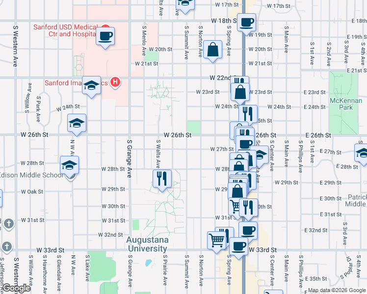 map of restaurants, bars, coffee shops, grocery stores, and more near 1825 South Summit Avenue in Sioux Falls