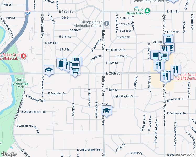 map of restaurants, bars, coffee shops, grocery stores, and more near 1804 South Stephen Avenue in Sioux Falls