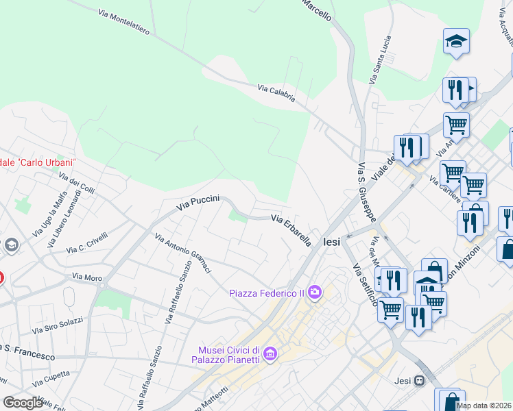 map of restaurants, bars, coffee shops, grocery stores, and more near 16 Via Romeo Frezzi in Jesi