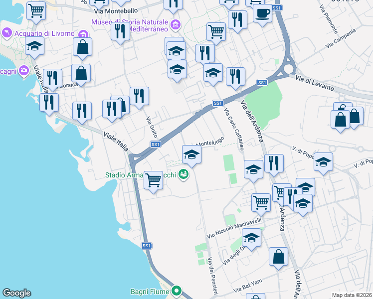 map of restaurants, bars, coffee shops, grocery stores, and more near 23 Via Umberto Lusena in Livorno