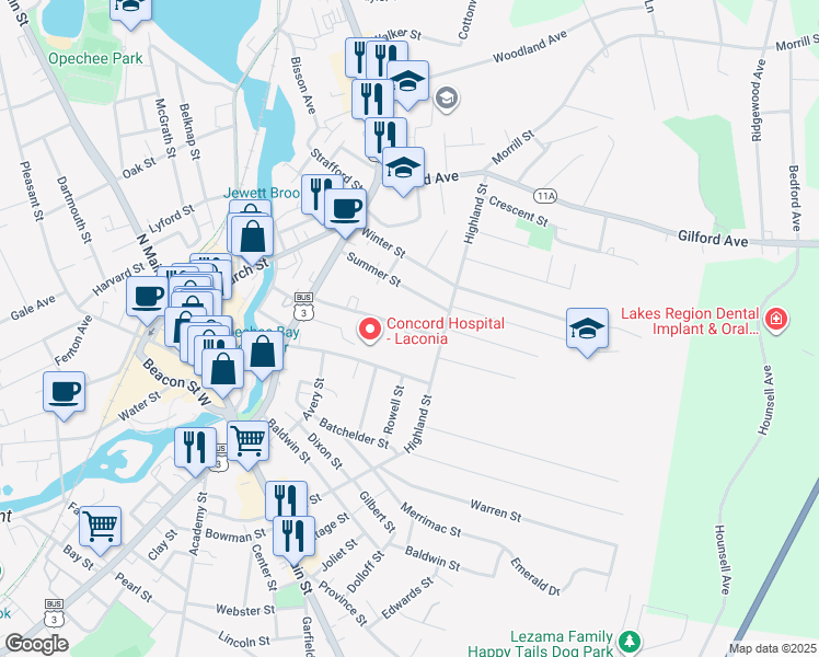 map of restaurants, bars, coffee shops, grocery stores, and more near 87 Spring Street in Laconia