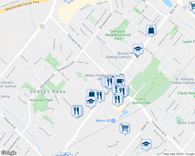 map of restaurants, bars, coffee shops, grocery stores, and more near 845 Cabot Trail in Milton