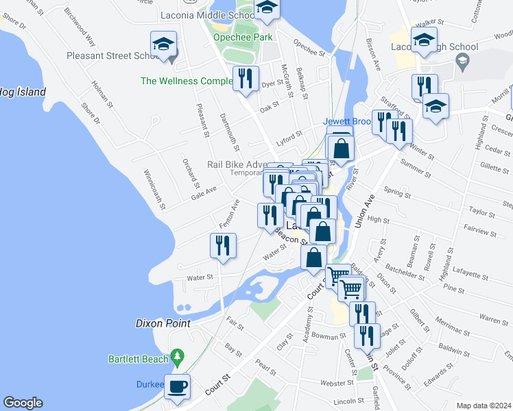 map of restaurants, bars, coffee shops, grocery stores, and more near 136 Pleasant Street in Laconia