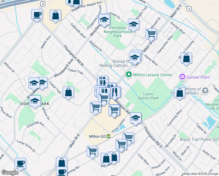 map of restaurants, bars, coffee shops, grocery stores, and more near 120 Manley Lane in Milton