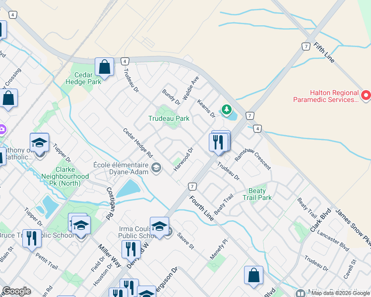 map of restaurants, bars, coffee shops, grocery stores, and more near 599 Caverhill Crescent in Milton