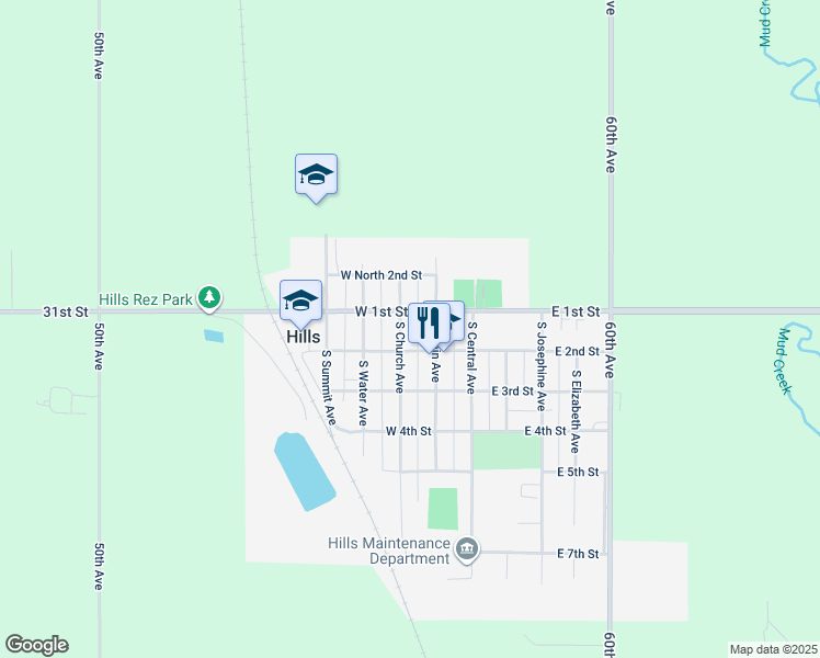 map of restaurants, bars, coffee shops, grocery stores, and more near 129 South Church Avenue in Hills